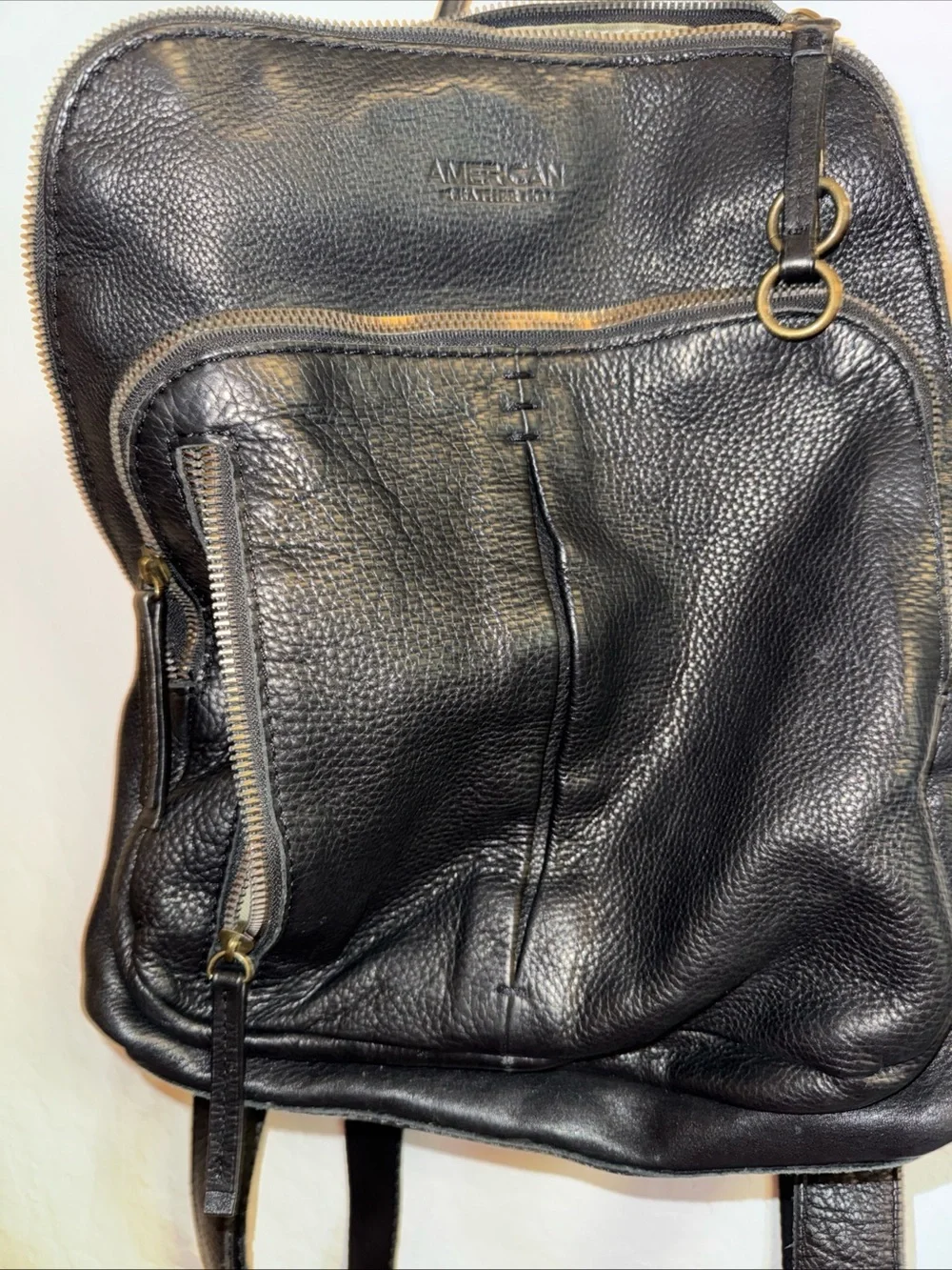 American Leather Co Black Pebbled Genuine Leather Backpack Purse Zip Pockets
